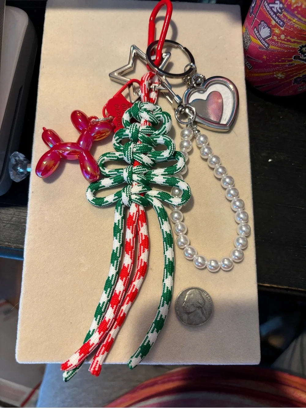 Festive Green & Red Braided Keychain / Bag Charm w/Pearl Loop & Red Balloon Dog